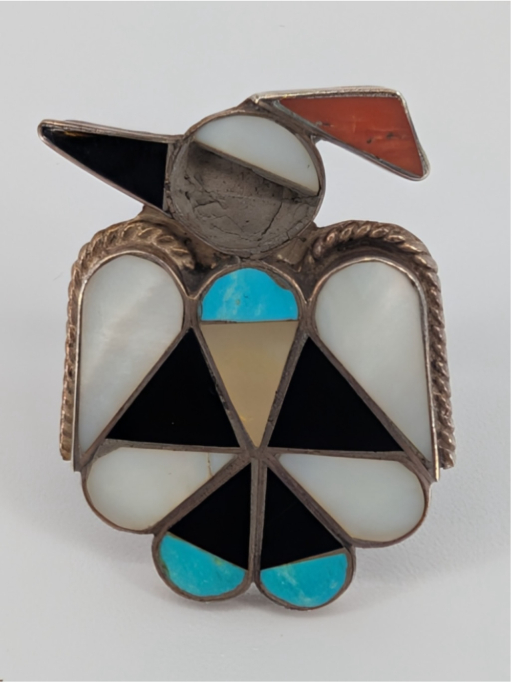 Vintage Zuni Attributed Thunderbird Channel Inlay Ring Turquoise Shell Coral 7.5